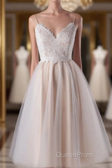 Short A-line Spaghetti Strap Lace Tulle Wedding Dresses