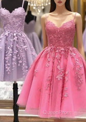 Short A Line Thin Straps Lace Evening Prom Dresses, Lace Homecoming Dresses, Short Formal Evening Dresses