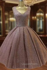 Short Ball Gown Evening Prom Homecoming Dresses Sequins V Neck