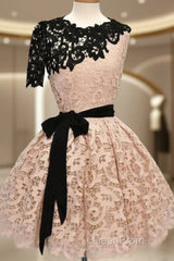 Short Black Champagne Lace Evening Prom Dresses, Short Black Champagne Lace Graduation Homecoming Dresses
