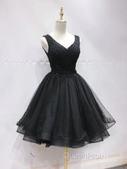 Short Black Lace Evening Prom Dresses, Short Black Lace Homecoming Graduation Dresses
