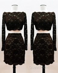 Short Black Lace Two Piece Evening Prom Dresses
