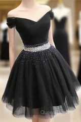 Short Black Tulle Off The Shoulder Dresses Beaded Sashes