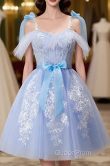 Short Blue Lace Evening Prom Dresses, Short Blue Lace Formal Graduation Dresses