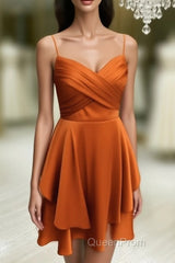 Short Burnt Orange Satin Cocktail Dresses V-neck Semi Formal Dresses