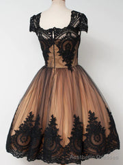 Short Cap Sleeves Black Lace Prom Dresses, Short Black Lace Graduation Homecoming Dresses