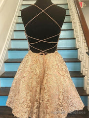 Short Champagne Backless Lace Prom Dresses, Short Lace Formal Graduation Homecoming Dresses