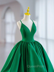 Short Green V Neck Satin Evening Prom Dresses, Short Green V Neck Satin Formal Homecoming Dresses