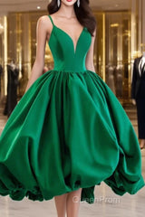 Short Green V Neck Satin Evening Prom Dresses, Short Green V Neck Satin Formal Homecoming Dresses