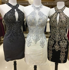 Short Halter Evening Prom Homecoming Dresses Embroidery Beaded