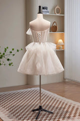 Short Light Champagne Tulle Evening Prom Dresses, Short Champagne Tulle Formal Homecoming Dresses