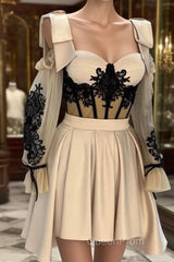 Short Nude Satin Lace Embroidery Corset Dresses