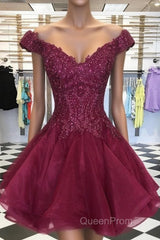 Short Off Shoulder Burgundy Lace Evening Prom Dresses, Off The Shoulder Short Burgundy Lace Formal Homecoming Dresses