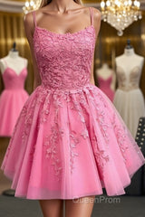 Short Pink Backless Lace Evening Prom Dresses, Short Pink Open Back Formal Homecoming Dresses