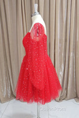 Short Red Long Sleeves Tulle Evening Prom Dresses, Short Red Long Sleeves Formal Homecoming Dresses
