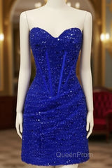 Short Royal Blue Tight Beaded Dresses