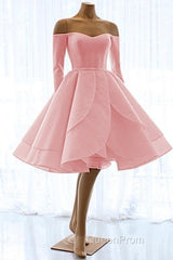 Short Satin Long Sleeves Off Shoulder Ruffles Skirt Wedding Dresses