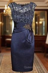 Short Sheath Navy Mother Of Bride Dresses With Lace Beading Evening Prom Gown