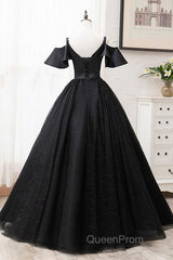 Short Sleeves Black Tulle Lace Sweetheart Long Evening Prom Dresses