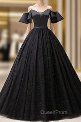 Short Sleeves Black Tulle Lace Sweetheart Long Evening Prom Dresses