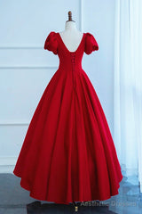 Short Sleeves Dark Red Long Prom Dresses, Dark Red Long Formal Evening Dresses