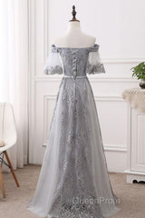 Short Sleeves Grey Lace Long Evening Prom Dresses, Short Sleeves Gray Lace Long Formal Evening Dresses