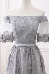 Short Sleeves Grey Lace Long Evening Prom Dresses, Short Sleeves Gray Lace Long Formal Evening Dresses