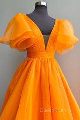 Short Sleeves Orange Long Evening Prom Dresses, Orange Long Formal Evening Dresses