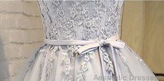 Short Sleeves Silver Gray Lace Prom Dresses, Lace Graduation Homecoming Dresses