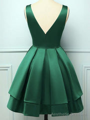 Short V Neck Dark Green Prom Dresses, Short V Neck Dark Green Formal Homecoming Dresses