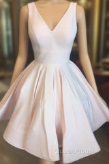 Short V Neck Light Pink Satin Evening Prom Dresses, Short V Neck Pink Formal Graduation Dresses