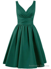 Short V-neck Satin Knee Length With Pleats Bridesmaid Dress