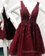 Short V-neck Tulle Evening Prom Homecoming Dresses Lace Embroidery