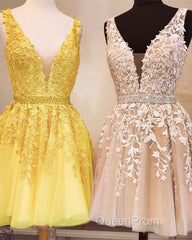 Short V-neck Tulle Evening Prom Homecoming Dresses Lace Embroidery