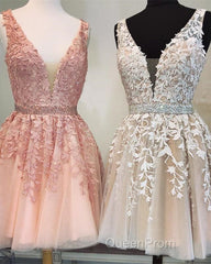 Short V-neck Tulle Evening Prom Homecoming Dresses Lace Embroidery