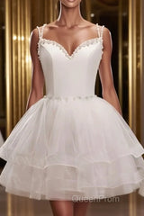 Short V Neck White Evening Prom Dresses, Short V Neck White Formal Homecoming Dresses