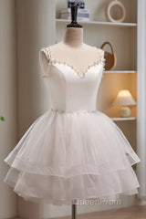 Short V Neck White Evening Prom Dresses, Short V Neck White Formal Homecoming Dresses
