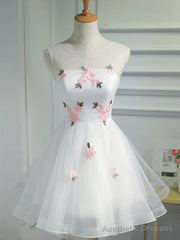 Short White Floral Prom Dresses, Short White Floral Formal Homecoming Dresses