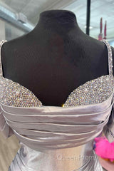 Silver Cold Sleeves Beaded Ruched Mermaid Evening Prom Dresses