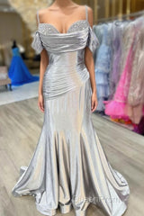 Silver Cold Sleeves Beaded Ruched Mermaid Evening Prom Dresses