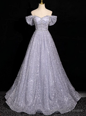 Silver Gray Sequins Off the Shoulder Beading Prom Dress