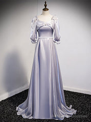 Silver Gray Square Short Sleeve Long Prom Dress