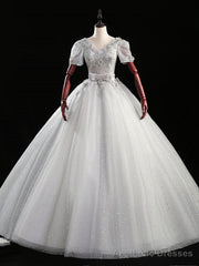 Silver Gray Tulle V-neck Short Sleeve Appliques Quinceanera Dress