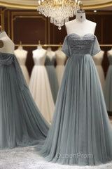 Silver Grey Tulle Off Shoulder Beading Dresses