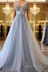 Silver Grey V Neck Floor Length Long Beaded Evening Prom Dresses, Grey Long Beaded Formal Evening Dresses