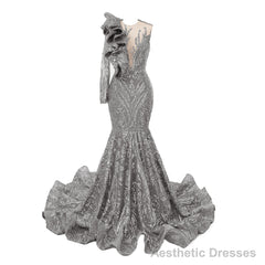Silver Mermaid One Sleeve Prom Dresses Sequined Lace Jewel Ruffles Evening Party Dress with Appliques