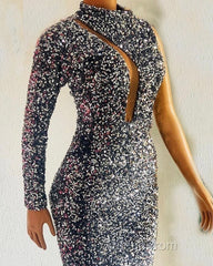 Silver Mermaid Sequin Evening Prom Dresses One Shoulder