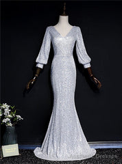 Silver Mermaid Sequins V-neck Long Sleeve Prom Dress