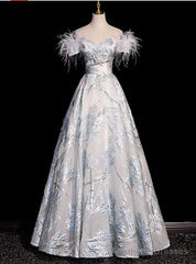 Silver Off the Shoulder Feather Prom Dress