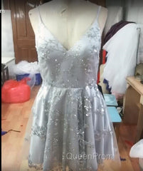 Silver Sequin Lace V Neck Tulle Homecoming Dresses Short Evening Prom Gowns